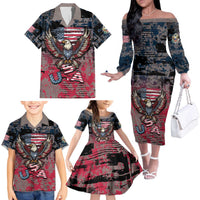 Personalized Patriotic Rebel American Family Matching Off The Shoulder Long Sleeve Dress and Hawaiian Shirt Grunge USA Eagle Flag - Wonder Print Shop