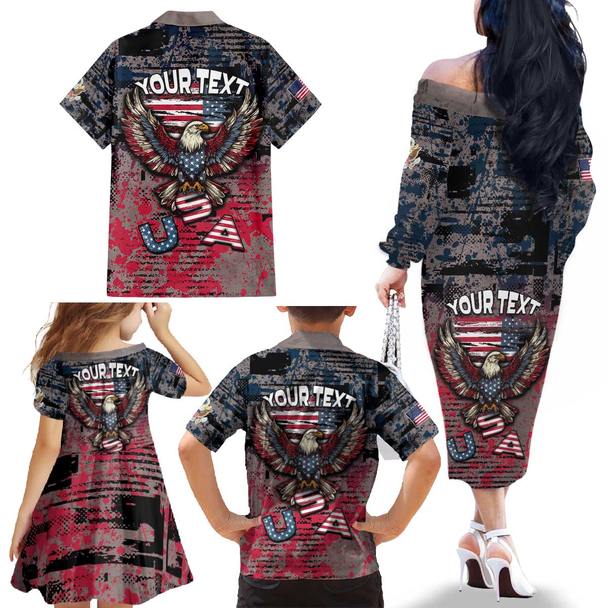 Personalized Patriotic Rebel American Family Matching Off The Shoulder Long Sleeve Dress and Hawaiian Shirt Grunge USA Eagle Flag - Wonder Print Shop