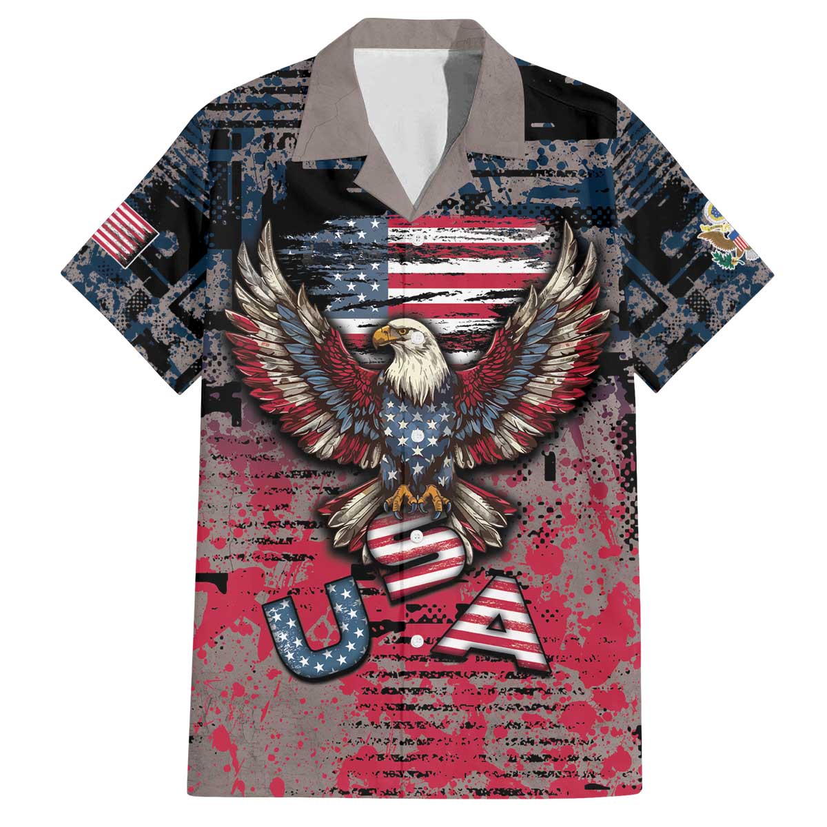 Personalized Patriotic Rebel American Family Matching Off The Shoulder Long Sleeve Dress and Hawaiian Shirt Grunge USA Eagle Flag - Wonder Print Shop