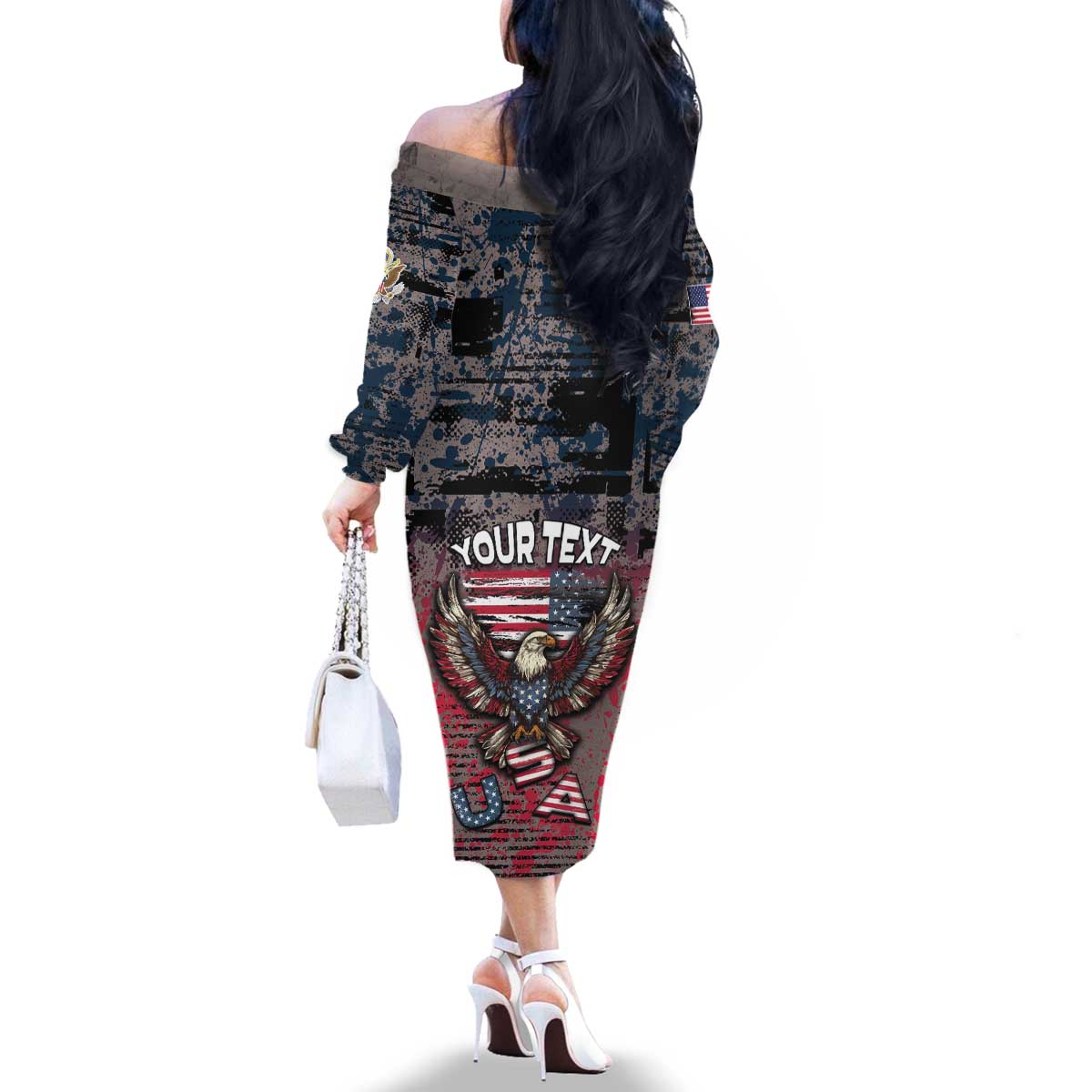 Personalized Patriotic Rebel American Family Matching Off The Shoulder Long Sleeve Dress and Hawaiian Shirt Grunge USA Eagle Flag - Wonder Print Shop