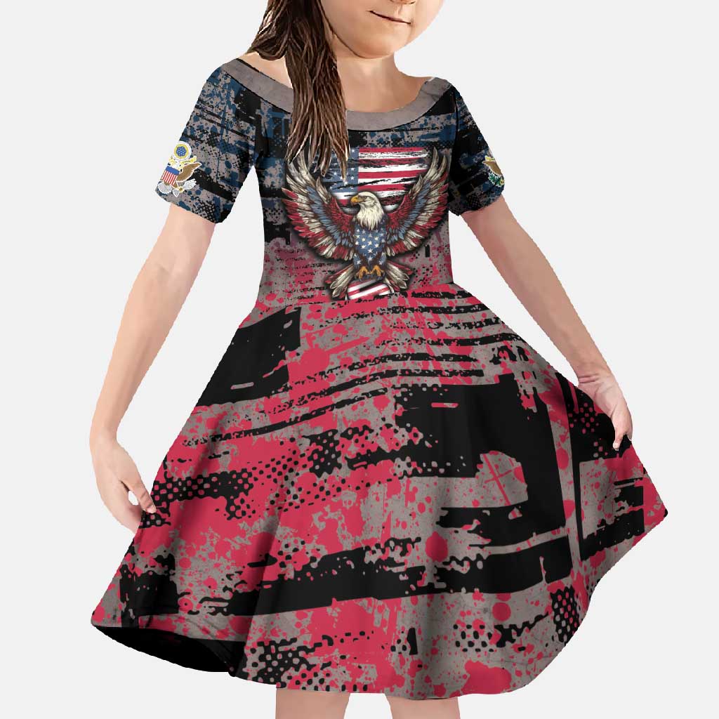 Personalized Patriotic Rebel American Family Matching Off Shoulder Maxi Dress and Hawaiian Shirt Grunge USA Eagle Flag - Wonder Print Shop