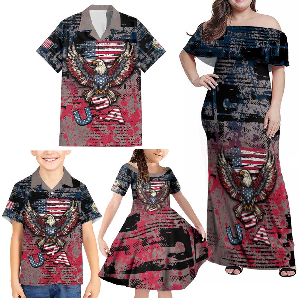 Personalized Patriotic Rebel American Family Matching Off Shoulder Maxi Dress and Hawaiian Shirt Grunge USA Eagle Flag - Wonder Print Shop