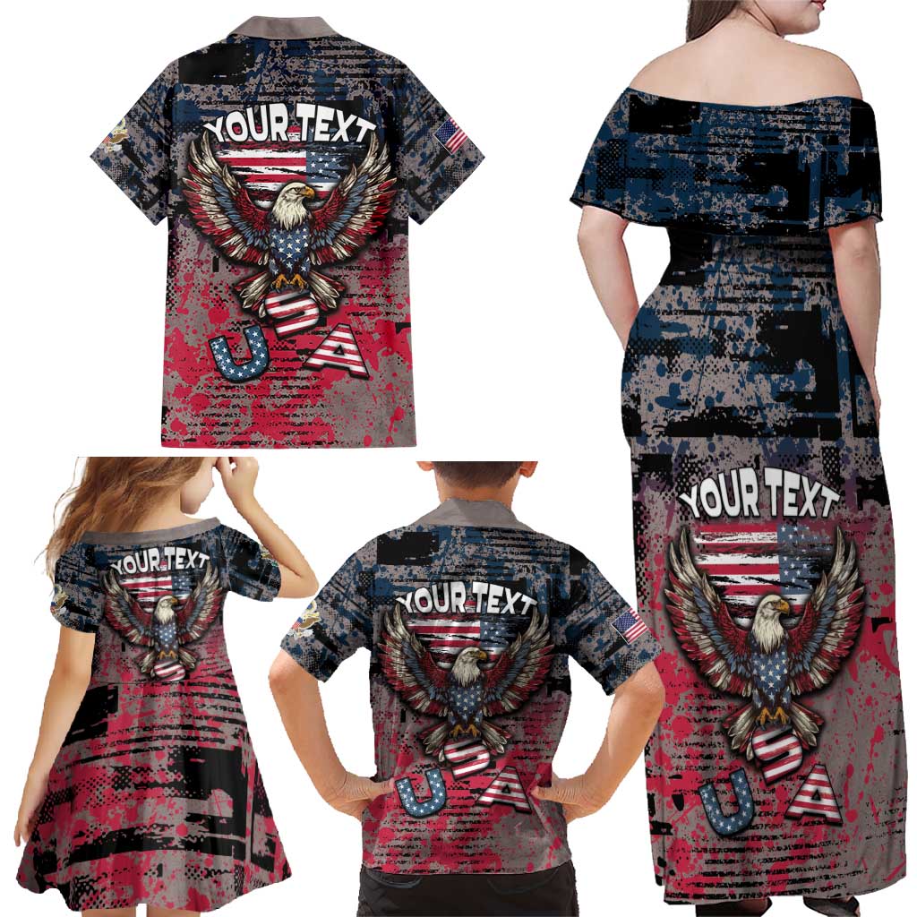 Personalized Patriotic Rebel American Family Matching Off Shoulder Maxi Dress and Hawaiian Shirt Grunge USA Eagle Flag - Wonder Print Shop