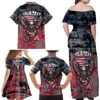 Personalized Patriotic Rebel American Family Matching Off Shoulder Maxi Dress and Hawaiian Shirt Grunge USA Eagle Flag - Wonder Print Shop