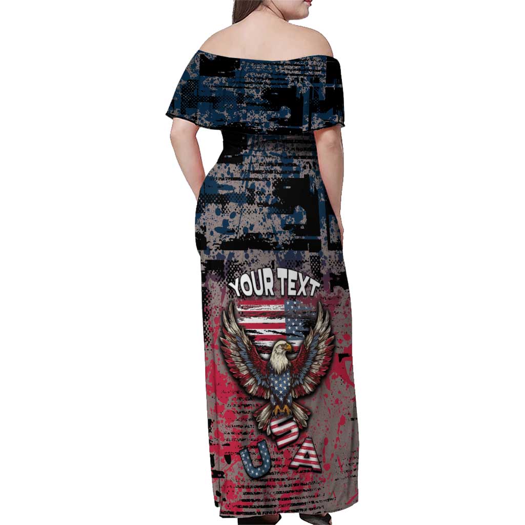 Personalized Patriotic Rebel American Family Matching Off Shoulder Maxi Dress and Hawaiian Shirt Grunge USA Eagle Flag - Wonder Print Shop