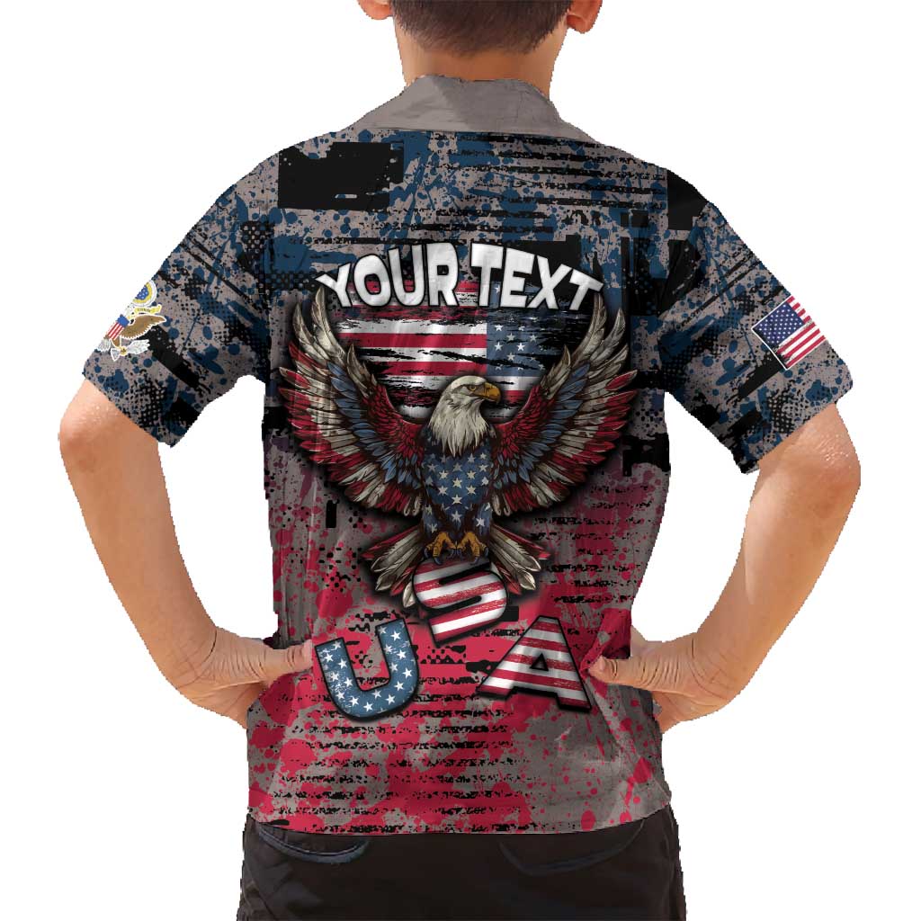 Personalized Patriotic Rebel American Family Matching Off Shoulder Short Dress and Hawaiian Shirt Grunge USA Eagle Flag - Wonder Print Shop
