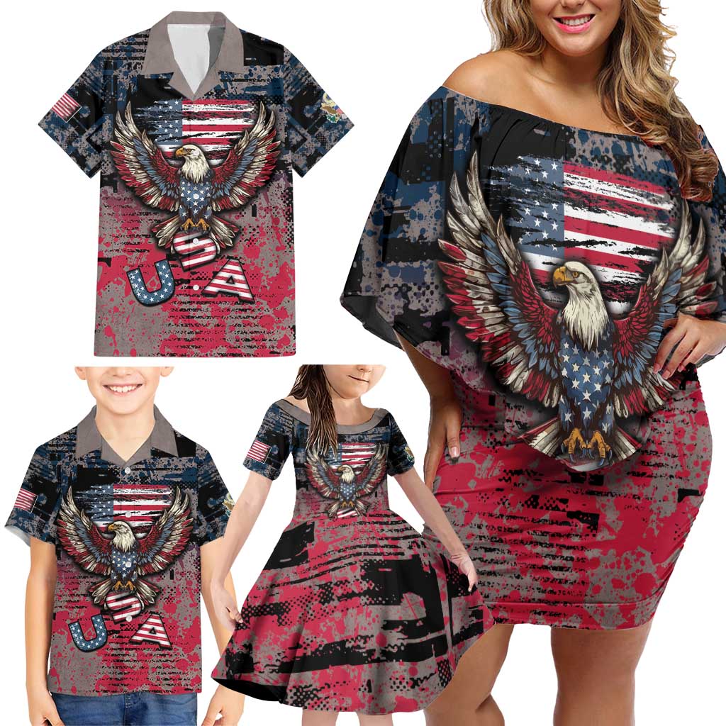 Personalized Patriotic Rebel American Family Matching Off Shoulder Short Dress and Hawaiian Shirt Grunge USA Eagle Flag - Wonder Print Shop