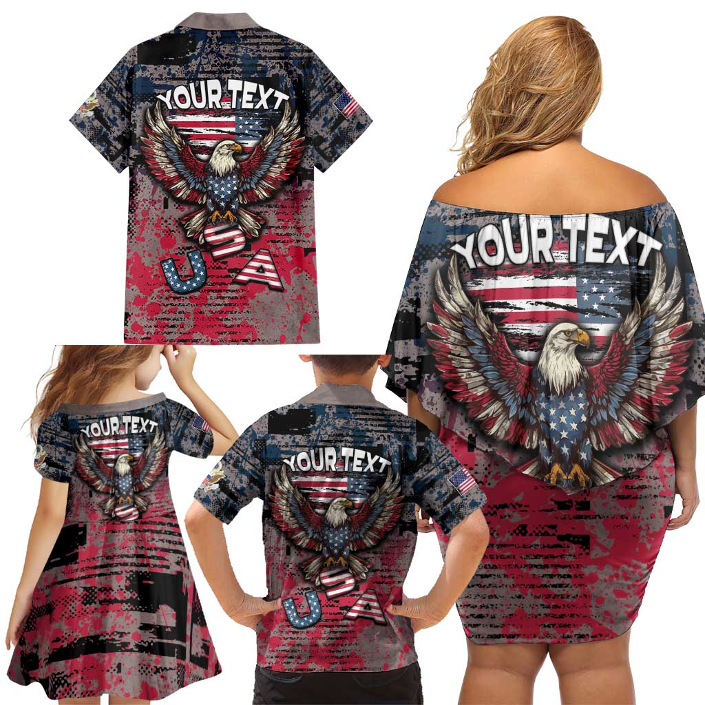 Personalized Patriotic Rebel American Family Matching Off Shoulder Short Dress and Hawaiian Shirt Grunge USA Eagle Flag - Wonder Print Shop