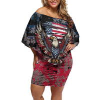 Personalized Patriotic Rebel American Family Matching Off Shoulder Short Dress and Hawaiian Shirt Grunge USA Eagle Flag - Wonder Print Shop
