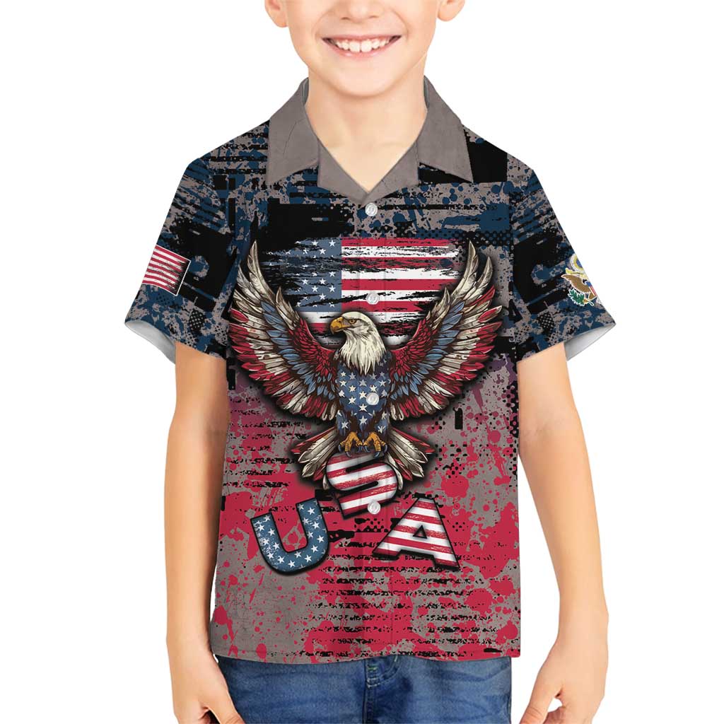 Personalized Patriotic Rebel American Family Matching Off Shoulder Short Dress and Hawaiian Shirt Grunge USA Eagle Flag - Wonder Print Shop