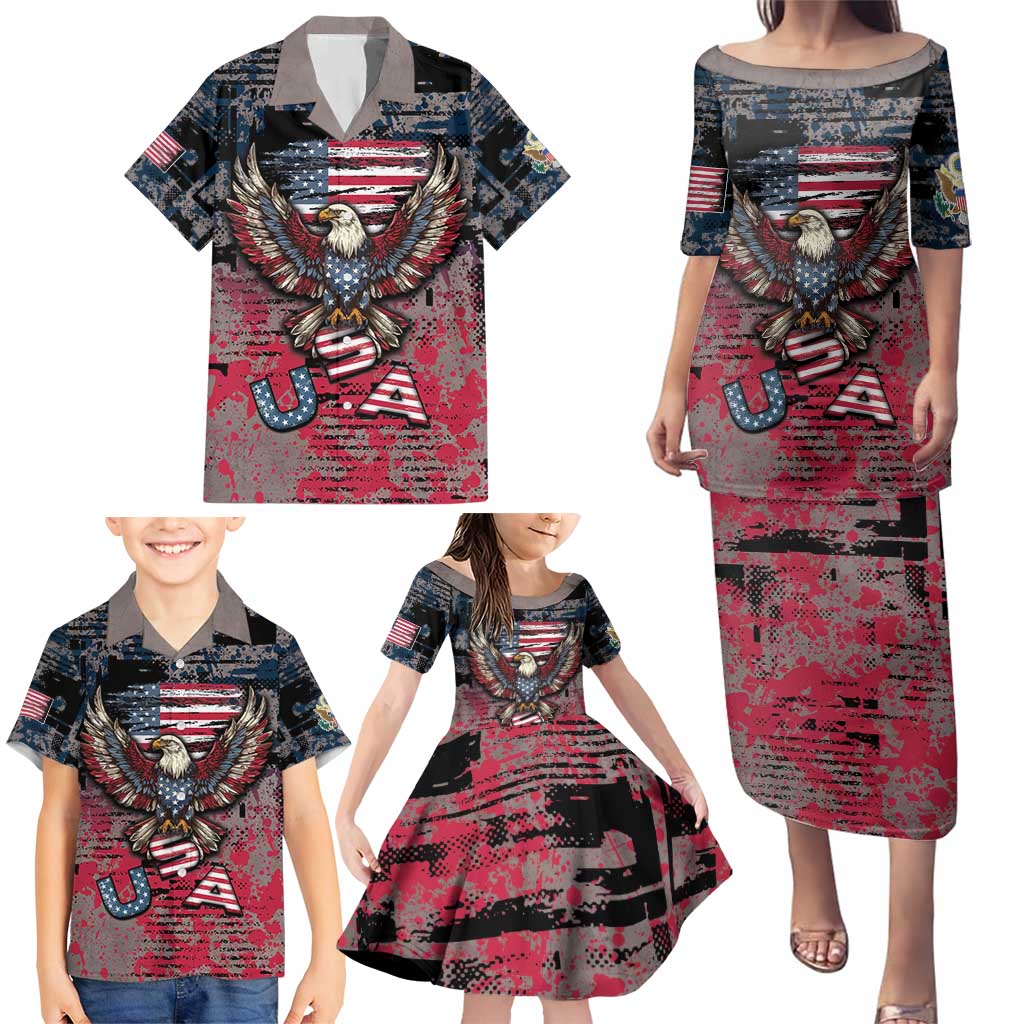 Personalized Patriotic Rebel American Family Matching Puletasi and Hawaiian Shirt Grunge USA Eagle Flag - Wonder Print Shop