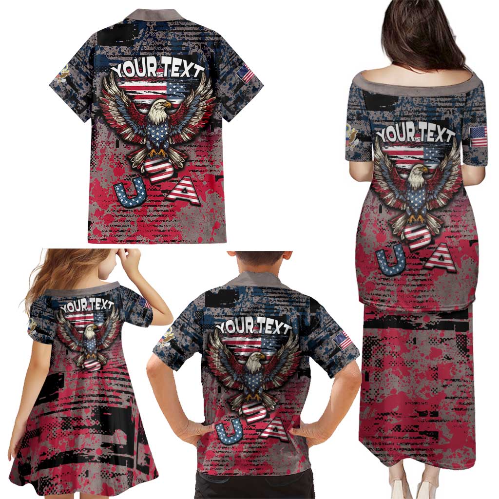 Personalized Patriotic Rebel American Family Matching Puletasi and Hawaiian Shirt Grunge USA Eagle Flag - Wonder Print Shop