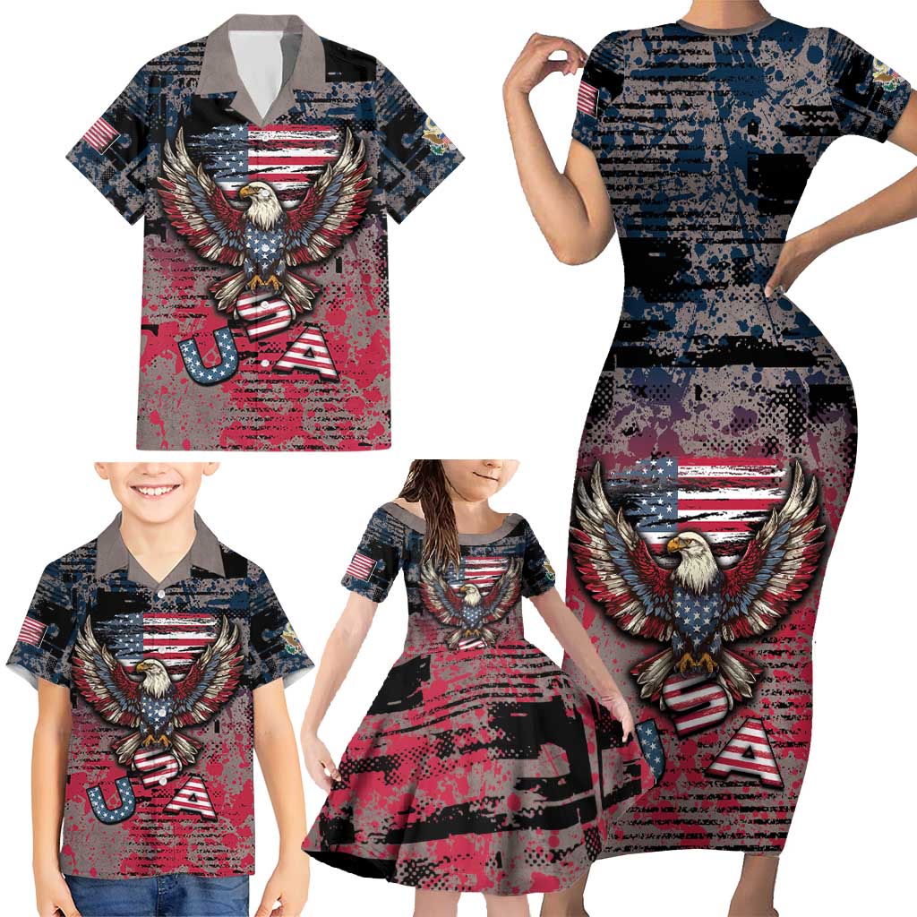 Personalized Patriotic Rebel American Family Matching Short Sleeve Bodycon Dress and Hawaiian Shirt Grunge USA Eagle Flag - Wonder Print Shop
