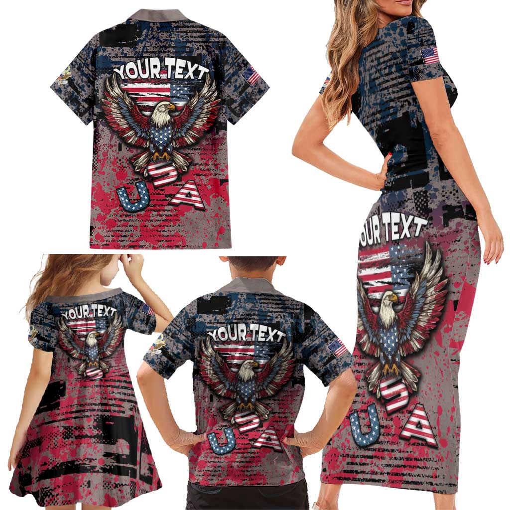 Personalized Patriotic Rebel American Family Matching Short Sleeve Bodycon Dress and Hawaiian Shirt Grunge USA Eagle Flag - Wonder Print Shop