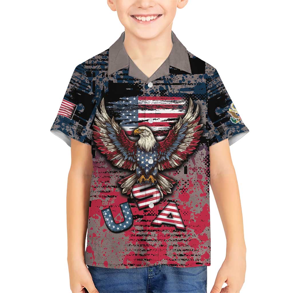Personalized Patriotic Rebel American Family Matching Short Sleeve Bodycon Dress and Hawaiian Shirt Grunge USA Eagle Flag - Wonder Print Shop