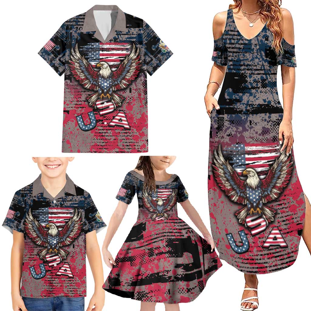 Personalized Patriotic Rebel American Family Matching Summer Maxi Dress and Hawaiian Shirt Grunge USA Eagle Flag - Wonder Print Shop