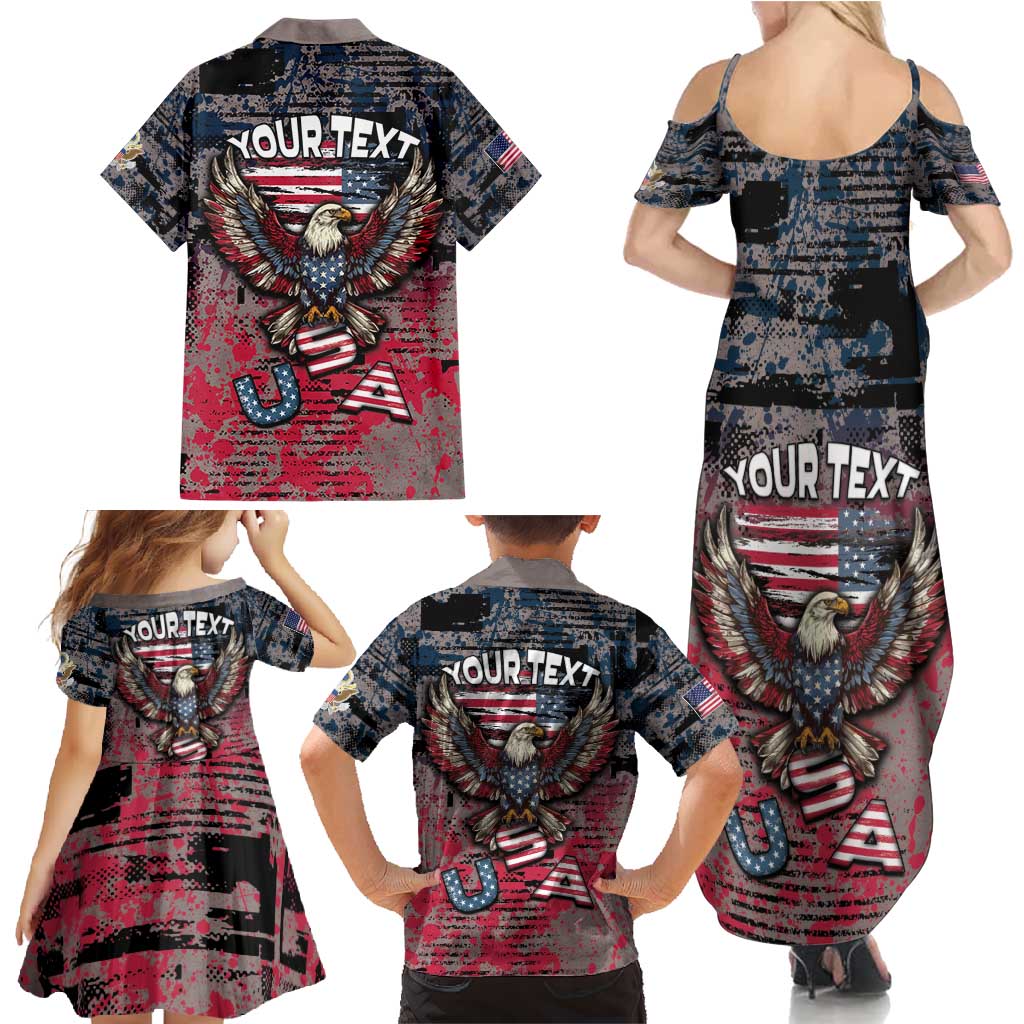 Personalized Patriotic Rebel American Family Matching Summer Maxi Dress and Hawaiian Shirt Grunge USA Eagle Flag - Wonder Print Shop
