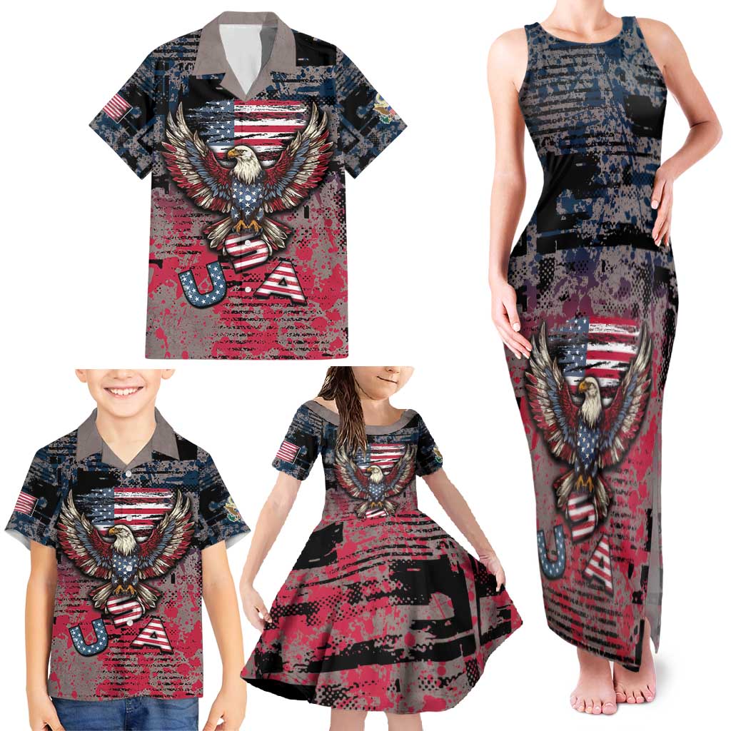 Personalized Patriotic Rebel American Family Matching Tank Maxi Dress and Hawaiian Shirt Grunge USA Eagle Flag - Wonder Print Shop