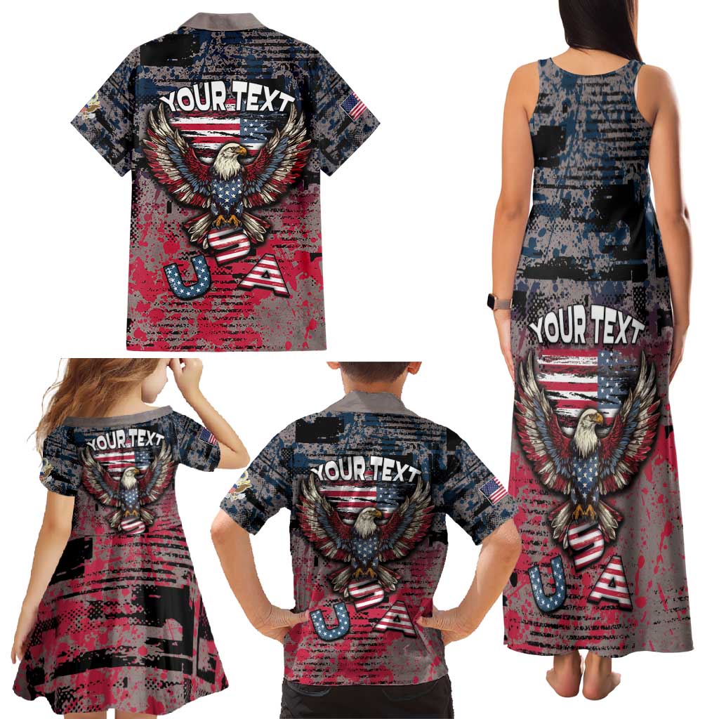 Personalized Patriotic Rebel American Family Matching Tank Maxi Dress and Hawaiian Shirt Grunge USA Eagle Flag - Wonder Print Shop