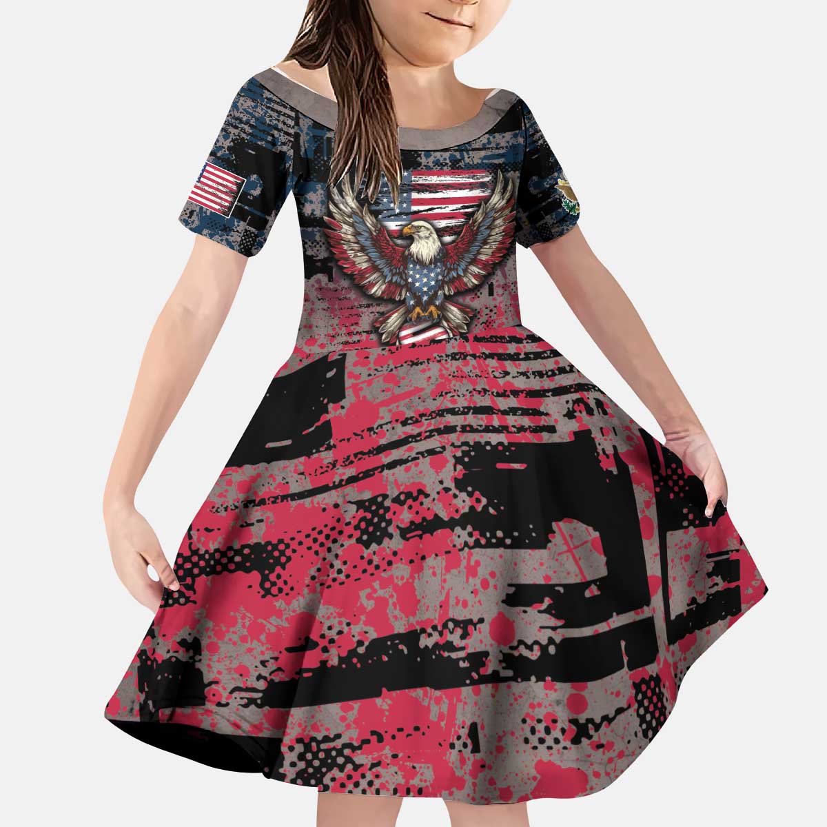 Personalized Patriotic Rebel American Kid Short Sleeve Dress Grunge USA Eagle Flag - Wonder Print Shop