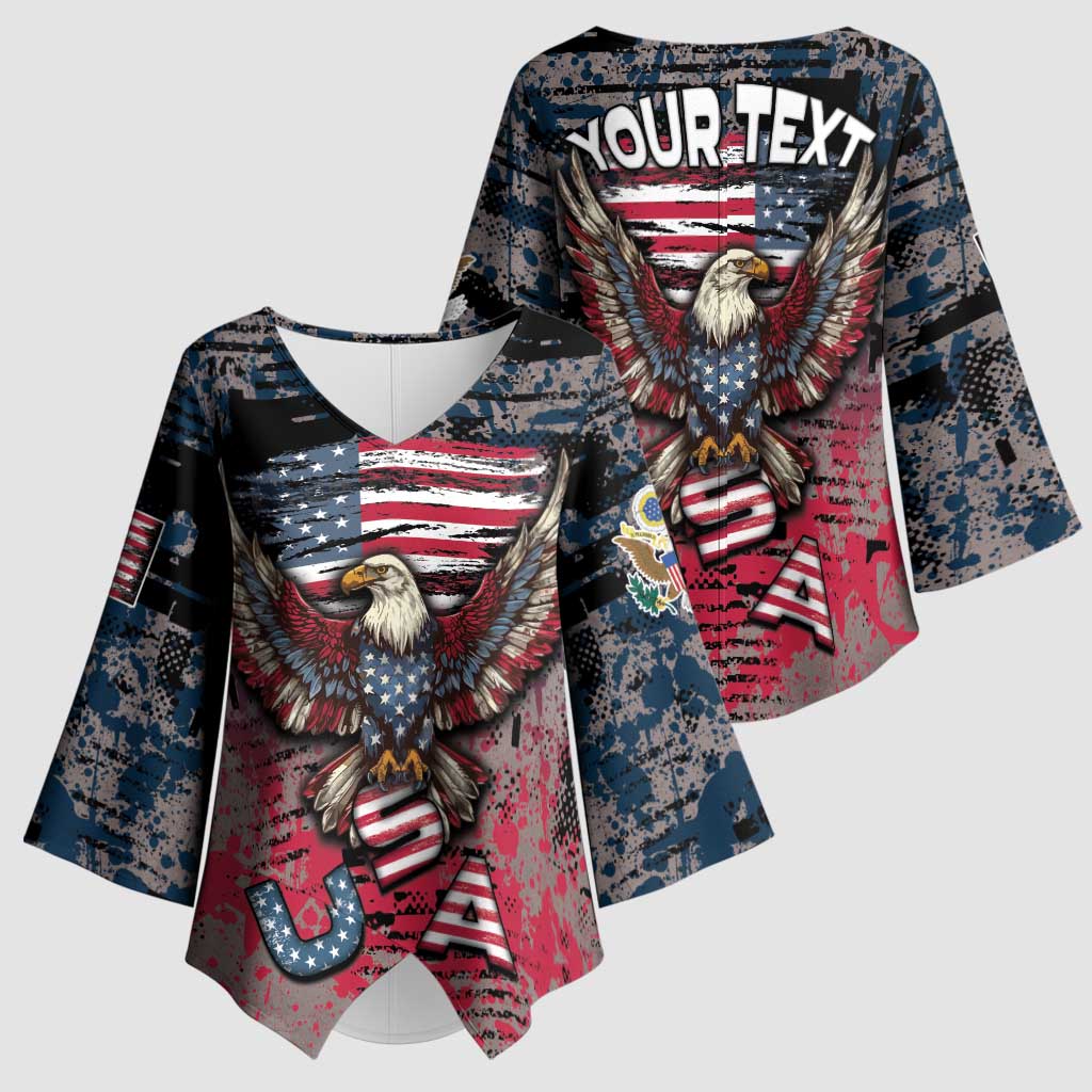 Personalized Patriotic Rebel American Kimono Sleeve Blouse Grunge USA Eagle Flag - Wonder Print Shop