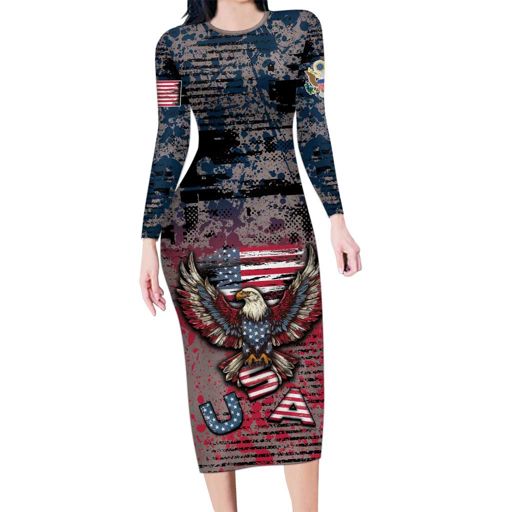 Personalized Patriotic Rebel American Long Sleeve Bodycon Dress Grunge USA Eagle Flag - Wonder Print Shop