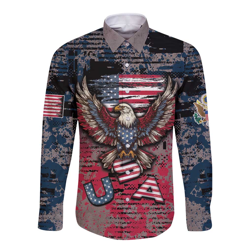 Personalized Patriotic Rebel American Long Sleeve Button Shirt Grunge USA Eagle Flag - Wonder Print Shop