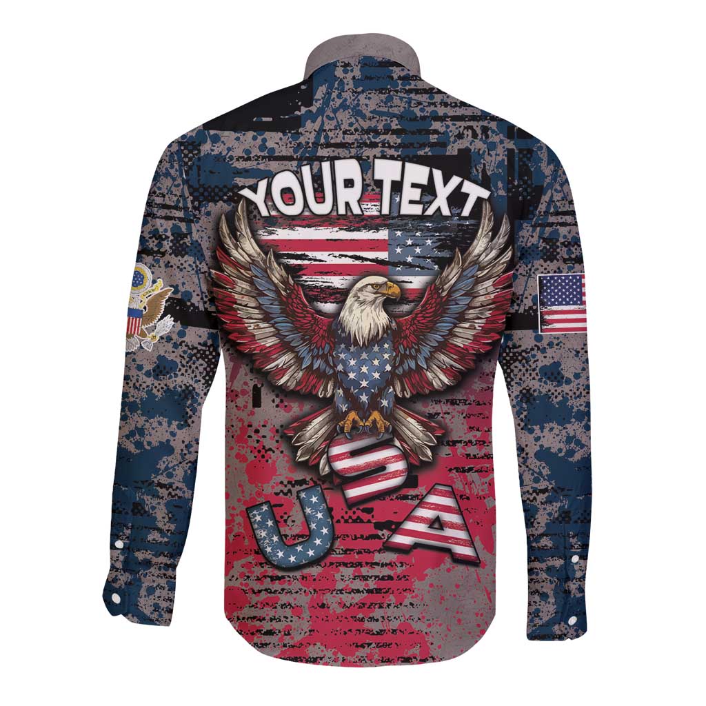Personalized Patriotic Rebel American Long Sleeve Button Shirt Grunge USA Eagle Flag - Wonder Print Shop