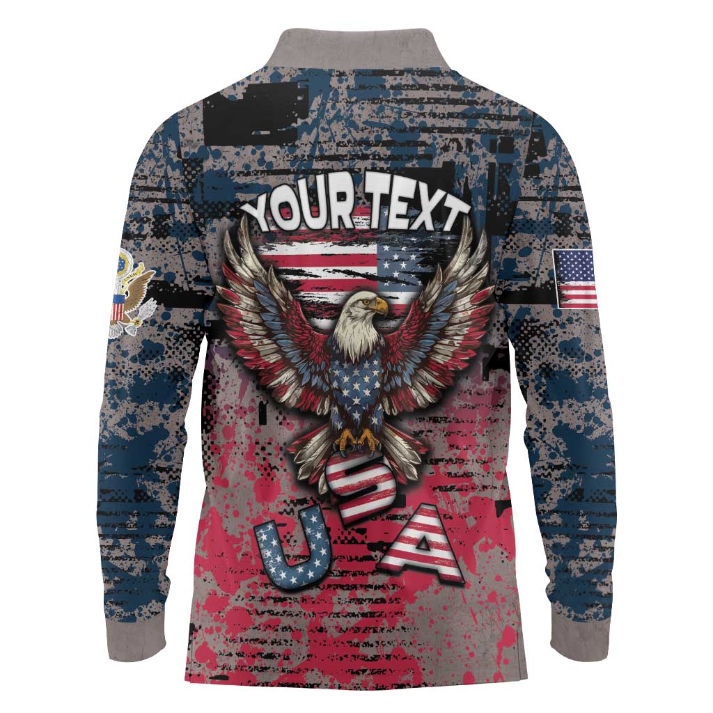 Personalized Patriotic Rebel American Long Sleeve Polo Shirt Grunge USA Eagle Flag - Wonder Print Shop
