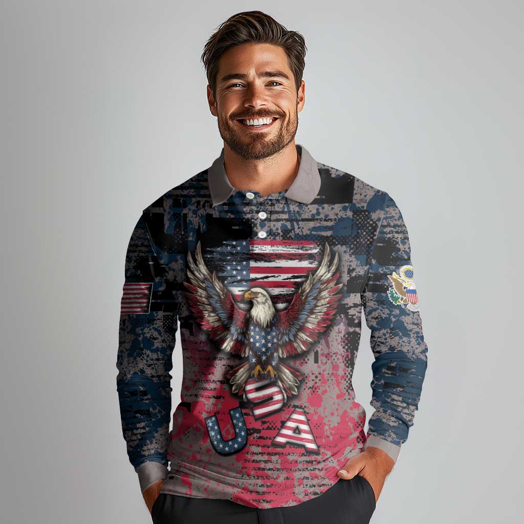 Personalized Patriotic Rebel American Long Sleeve Polo Shirt Grunge USA Eagle Flag - Wonder Print Shop