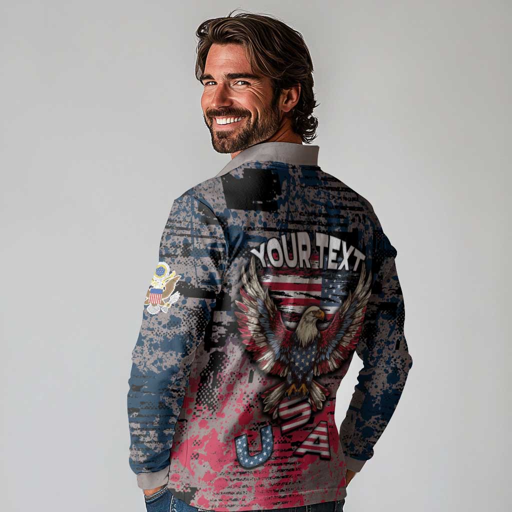 Personalized Patriotic Rebel American Long Sleeve Polo Shirt Grunge USA Eagle Flag - Wonder Print Shop