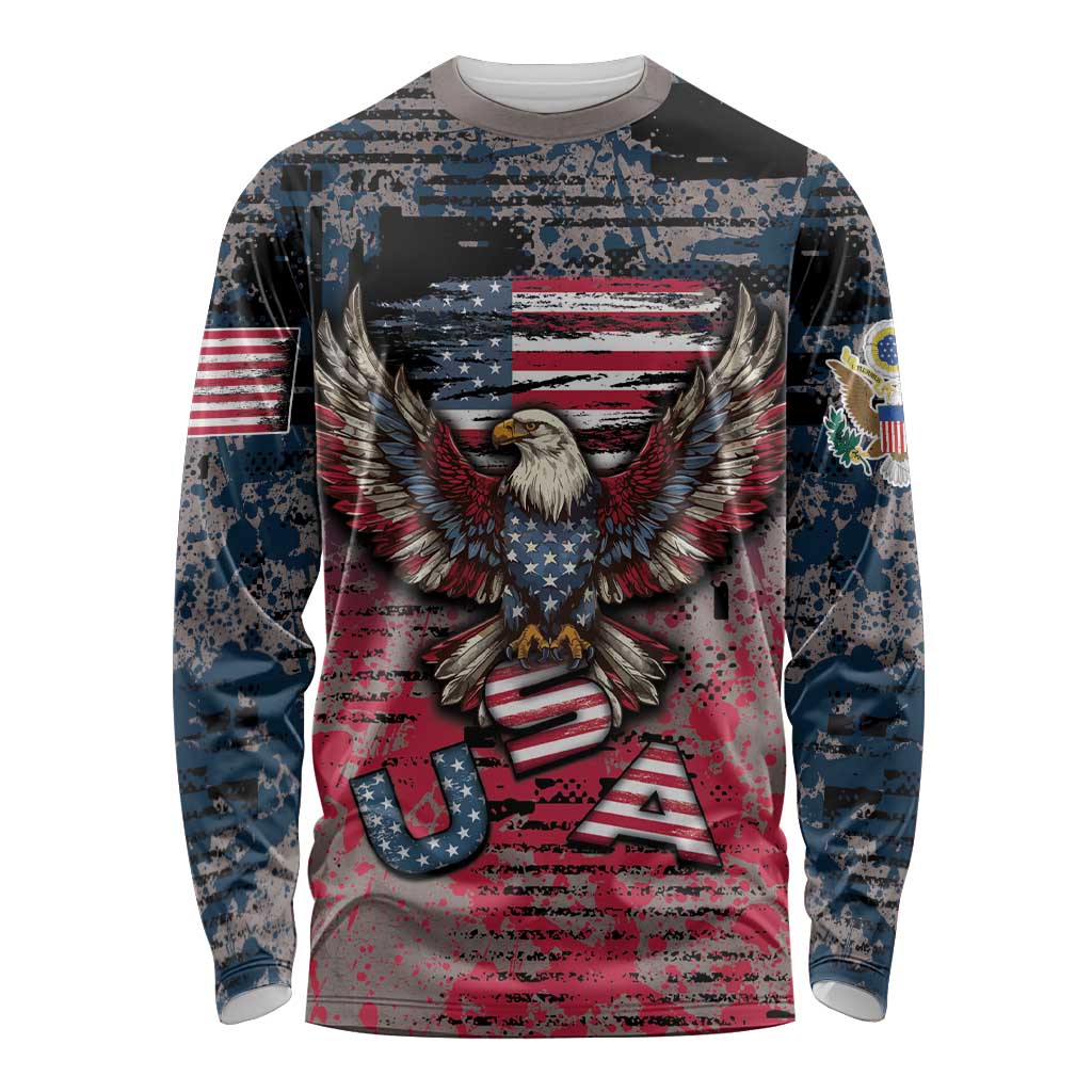 Personalized Patriotic Rebel American Long Sleeve Shirt Grunge USA Eagle Flag - Wonder Print Shop