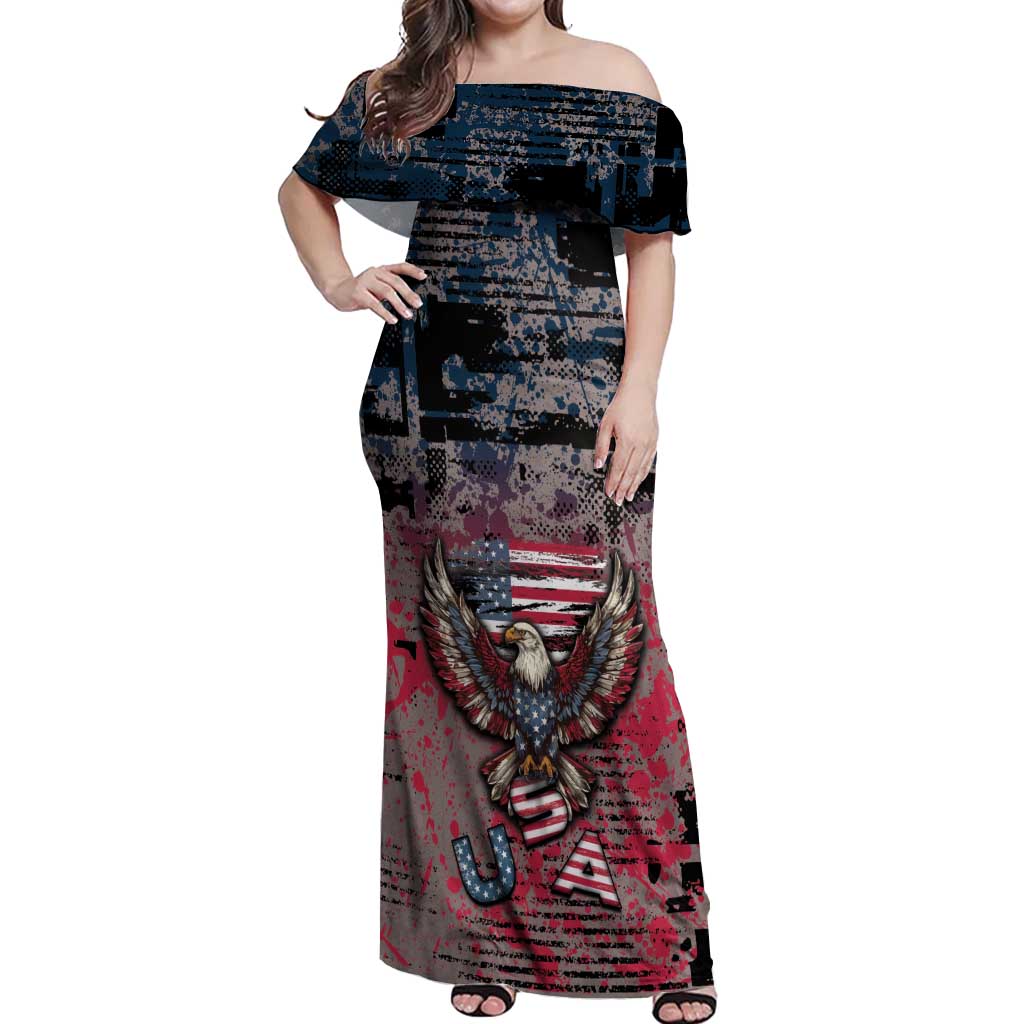 Personalized Patriotic Rebel American Off Shoulder Maxi Dress Grunge USA Eagle Flag - Wonder Print Shop