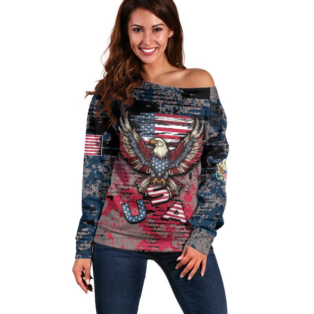 Personalized Patriotic Rebel American Off Shoulder Sweater Grunge USA Eagle Flag - Wonder Print Shop