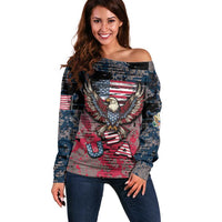 Personalized Patriotic Rebel American Off Shoulder Sweater Grunge USA Eagle Flag - Wonder Print Shop