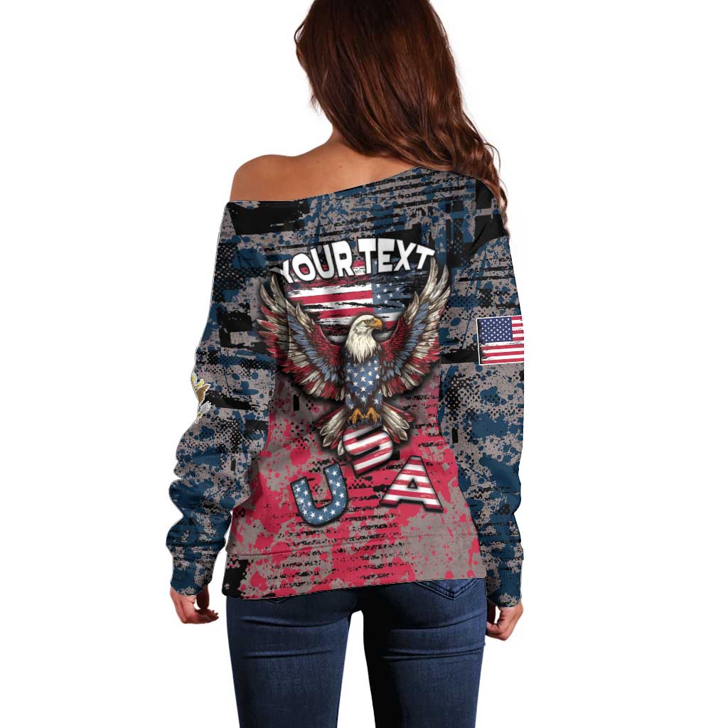 Personalized Patriotic Rebel American Off Shoulder Sweater Grunge USA Eagle Flag - Wonder Print Shop