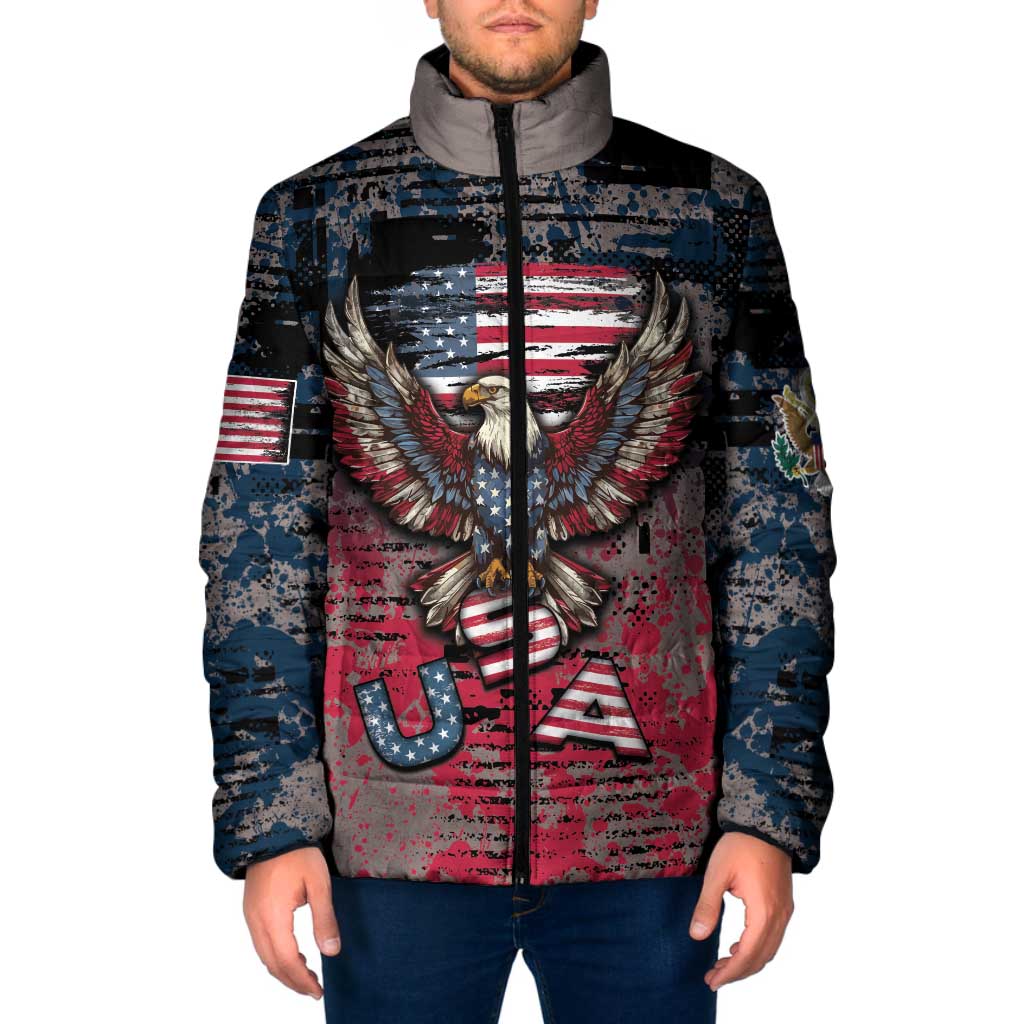 Personalized Patriotic Rebel American Padded Jacket Grunge USA Eagle Flag - Wonder Print Shop