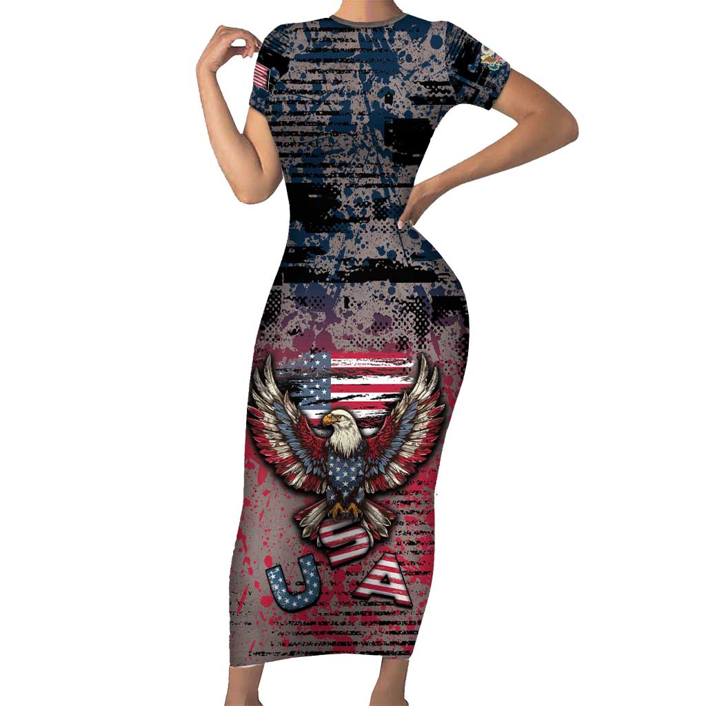 Personalized Patriotic Rebel American Short Sleeve Bodycon Dress Grunge USA Eagle Flag - Wonder Print Shop