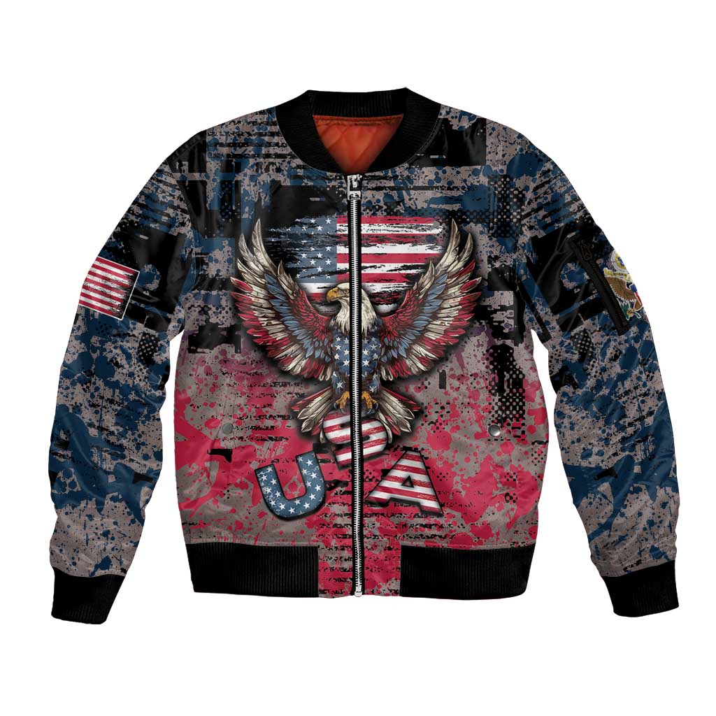 Personalized Patriotic Rebel American Sleeve Zip Bomber Jacket Grunge USA Eagle Flag - Wonder Print Shop