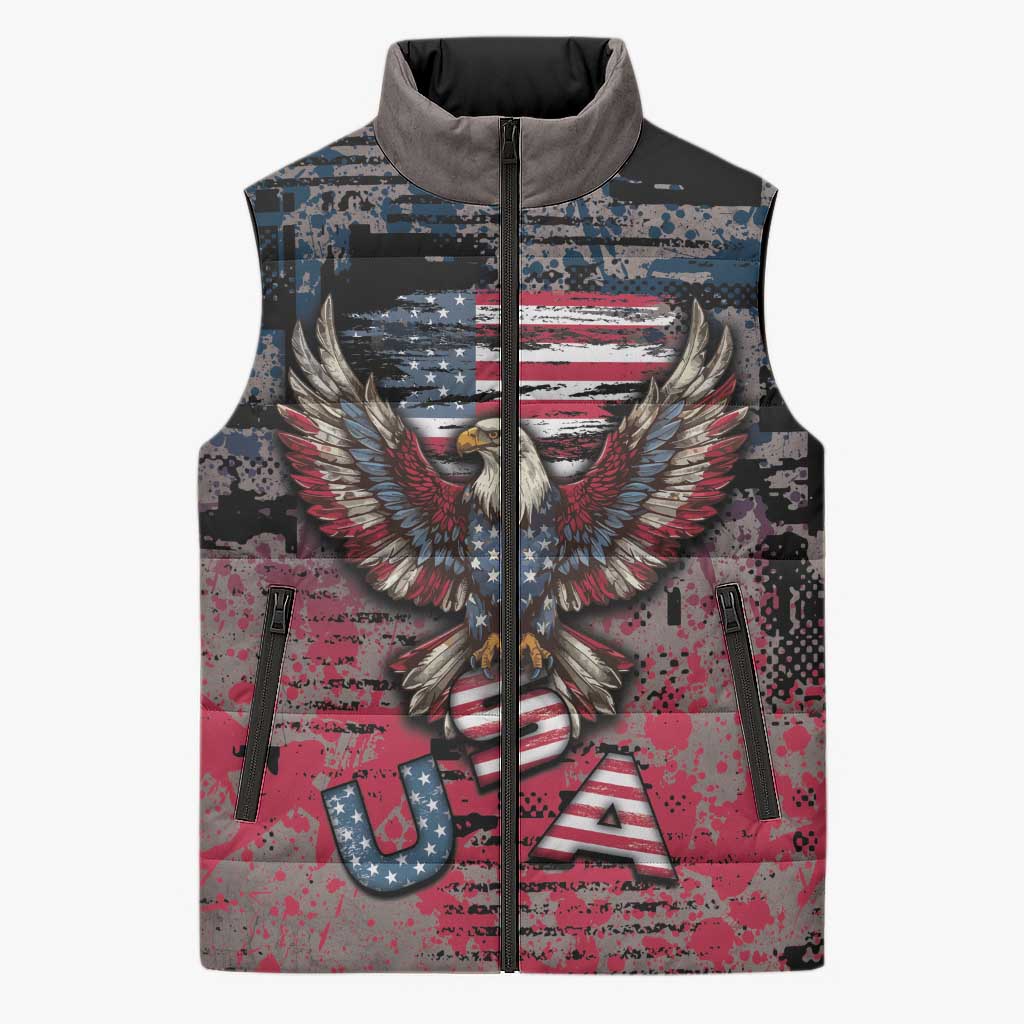 Personalized Patriotic Rebel American Sleeveless Puffer Jacket Grunge USA Eagle Flag - Wonder Print Shop