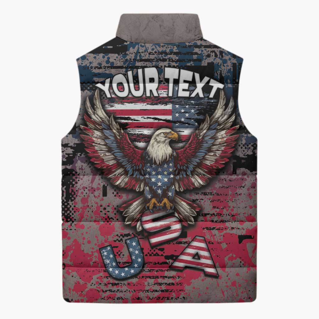 Personalized Patriotic Rebel American Sleeveless Puffer Jacket Grunge USA Eagle Flag - Wonder Print Shop