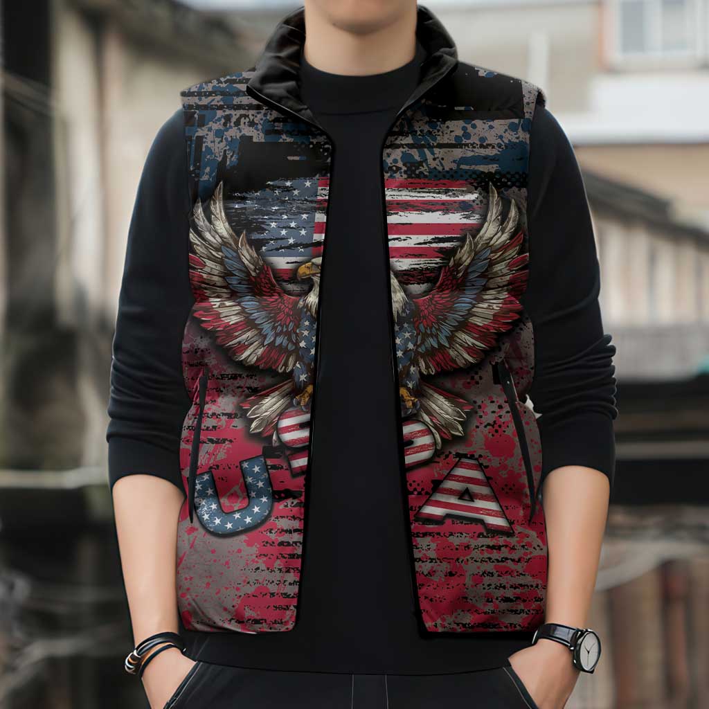Personalized Patriotic Rebel American Sleeveless Puffer Jacket Grunge USA Eagle Flag - Wonder Print Shop