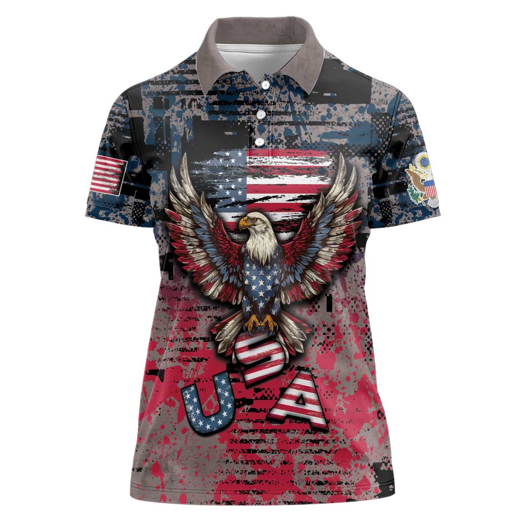 Personalized Patriotic Rebel American Women Polo Shirt Grunge USA Eagle Flag - Wonder Print Shop