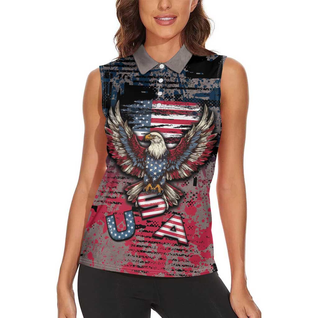 Personalized Patriotic Rebel American Women Sleeveless Polo Shirt Grunge USA Eagle Flag - Wonder Print Shop