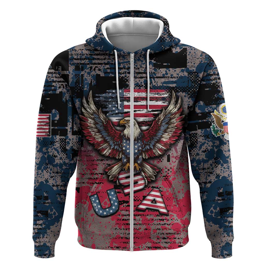Personalized Patriotic Rebel American Zip Hoodie Grunge USA Eagle Flag - Wonder Print Shop