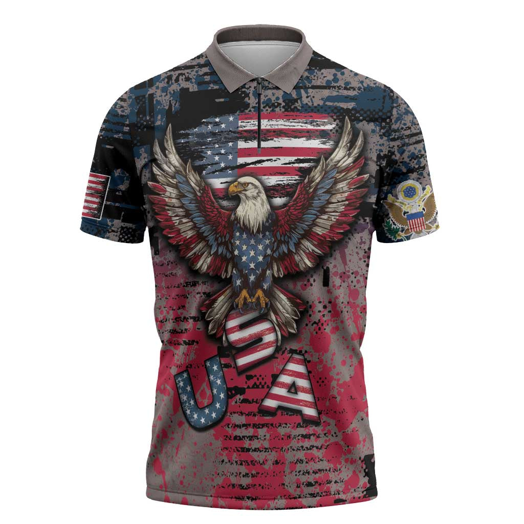 Personalized Patriotic Rebel American Zipper Polo Shirt Grunge USA Eagle Flag - Wonder Print Shop