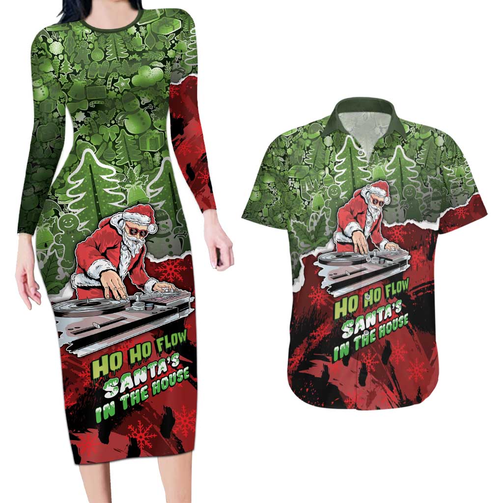 Hip Hop Christmas Couples Matching Long Sleeve Bodycon Dress and Hawaiian Shirt DJ Santa Ho Ho Flow - Wonder Print Shop