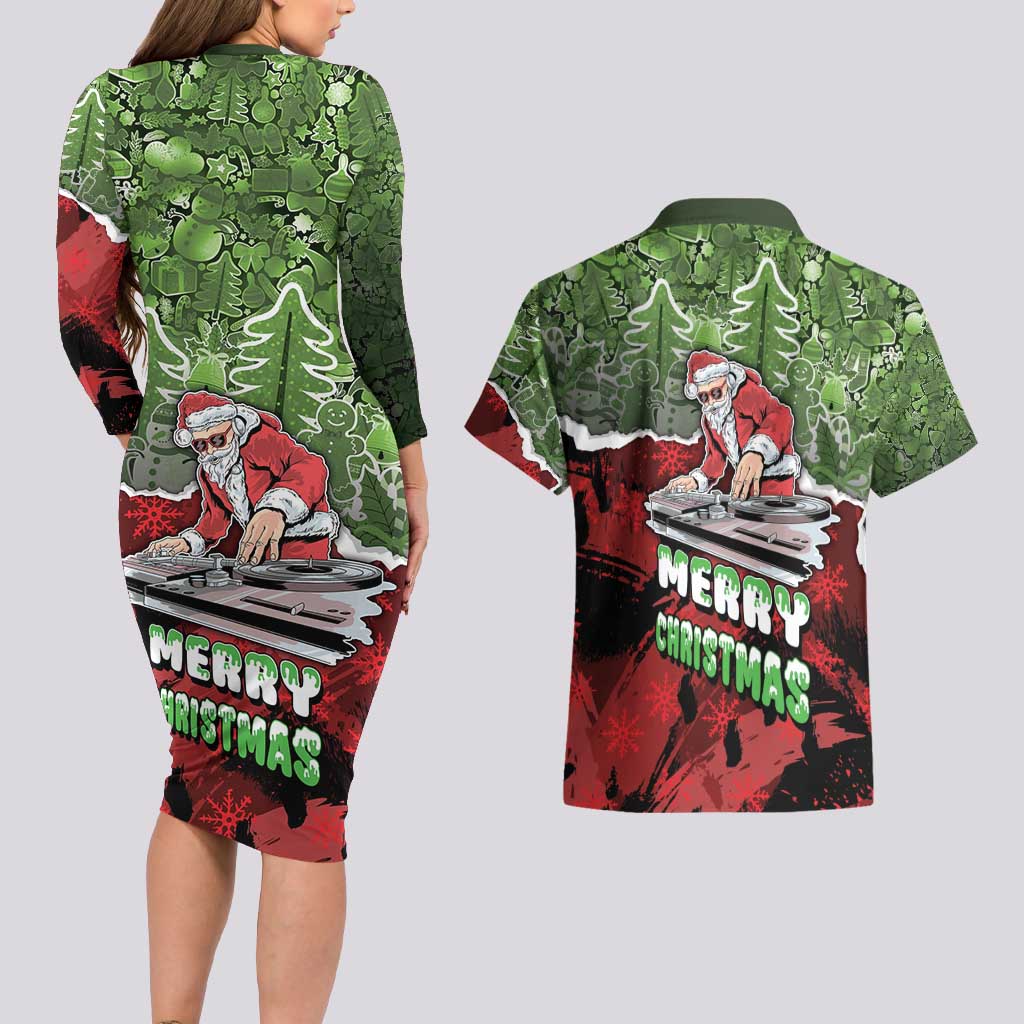 Hip Hop Christmas Couples Matching Long Sleeve Bodycon Dress and Hawaiian Shirt DJ Santa Ho Ho Flow - Wonder Print Shop