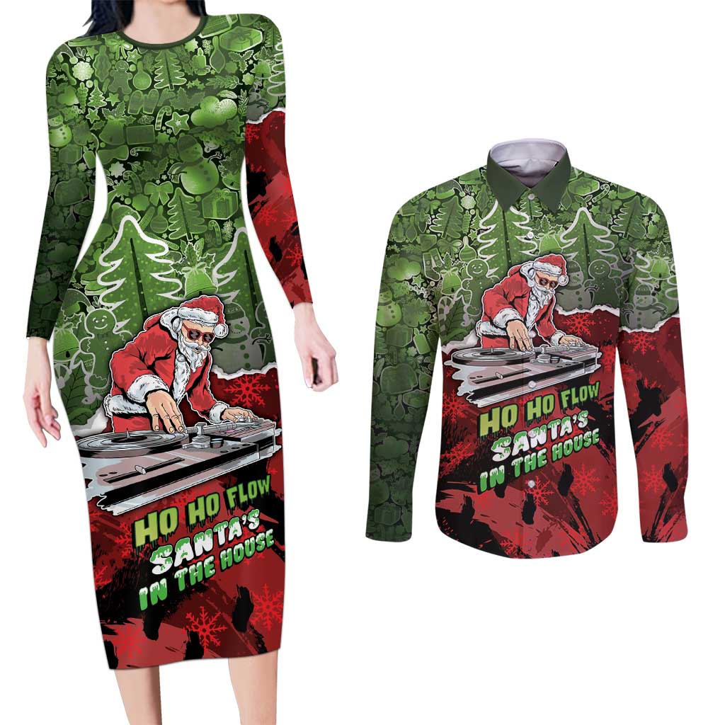 Hip Hop Christmas Couples Matching Long Sleeve Bodycon Dress and Long Sleeve Button Shirt DJ Santa Ho Ho Flow - Wonder Print Shop