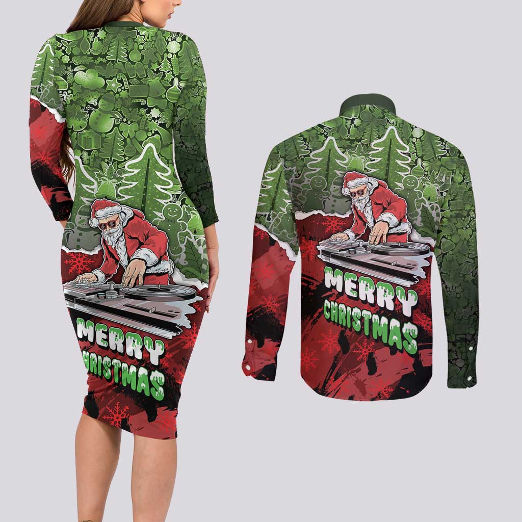 Hip Hop Christmas Couples Matching Long Sleeve Bodycon Dress and Long Sleeve Button Shirt DJ Santa Ho Ho Flow - Wonder Print Shop